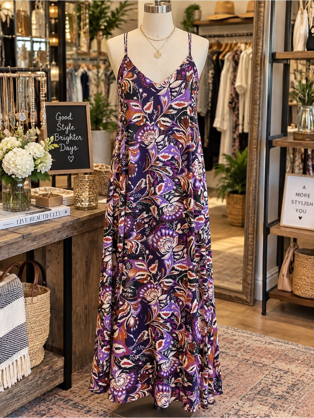 Tahari ASL Purple Floral V-Neck Slip Dress NWT